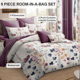 9-Piece Watercolor Floral Bedding & Curtain Set (Queen/King/Cal King) - Quilted Microfiber Bedspread + Sheer Curtains