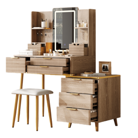 7-Drawer Vanity Desk with LED Mirror & Carved Details, Fluted Makeup Table with Metal Legs and PU Stool