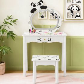 Black and white panda MDF painted finish, solid wood legs, 1-drawer children's dressing table set, LED three-color backlit touch switch