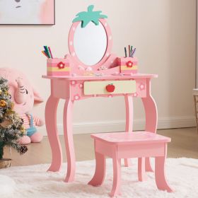 Pink MDF spray-painted + apple-printed 1-drawer 2-desktop storage box children's dressing table set