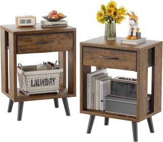 Nightstand Set of 2 with Fabric Drawers and Open Shelves, Bedside Table Set - Dark Rustic Brown Bedroom Side Tables