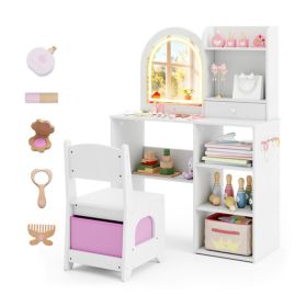 2-in-1 Kids Vanity & Writing Desk Set - LED Lighted Shatterproof Mirror (3 Color Modes), White