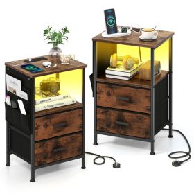 2pcs Nightstand with LED Lights & Charging Station, 2 Folding Fabric Drawers