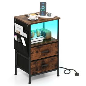 Nightstand with LED Lights & Charging Station, 2 Folding Fabric Drawers