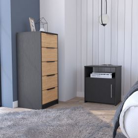 2 Piece Bedroom Set, Egeo 5 Drawer Dresser + Omaha Nightstand, Black / Light Oak