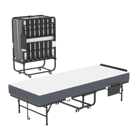 75" Folding Bed with Adjustable Headboard & 5" Memory Foam, Space Saving Rollaway Guest Bed for Tall People, Portable Twin Cot on Wheels