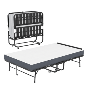 75"x46" Wide Folding Bed with Adjustable Headboard, Extra Long Rollaway Bed for Tall People, 5" Memory Foam Mattress, Heavy-Duty Guest Bed on Whe