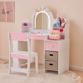White and pink star and castle elements; MDF and particleboard; spray paint, silkscreen printing, and melamine veneer; 1 drawer, 2 fabric drawers