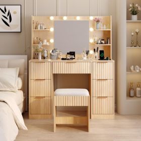 Oak-colored particleboard with a 7-drawer, 4-shelf dressing table set with 10 three-tone light bulbs, power strip, and grille.
