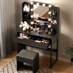 Black particleboard with a melamine finish, 2 drawers, 4 shelves, a dressing table set with 10 three-tone light bulbs, a power strip, and a grill