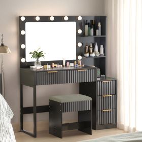 Black particleboard with a melamine finish, 5-drawer, 2-shelf dressing table set with 11 three-tone light bulbs, power strip, and grille.
