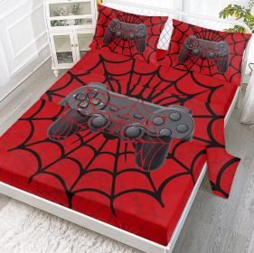 4PCS Gamer Bed Sheet Set, Red Bedding Set, Spider Web, 1 Flat Sheet,1 Fitted Sheet, 2 Pillow Cases (size: TWIN)