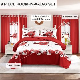 Red White Floral Duvet Cover & Curtain Set 9 Piece, Queen Size - Coordinated Bedding Bundle with Sheer Grommet Drapes (Color: red/white gardenia, size: QUEEN)