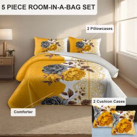 5-Piece Gold & Gray Floral Bedding Set (Queen/King/Cal King) - Microfiber Quilt + Pillow Shams (Color: Yellow Blossom, size: QUEEN)