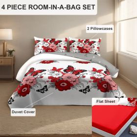 4-Piece Red Butterfly Floral Bedding Set (Queen/King/Cal King) - Microfiber Duvet Cover + Pillow Shams + Fitted Bed Sheet (Color: red butterfly peony, size: QUEEN)