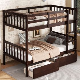 Twin Over Twin Rubber Wood Bunk Bed with 2 Drawers, Convertible into 2 Twin Beds, Twin Size Bunk Bed with Ladder and Safety Guardrails (Color: Espresso)