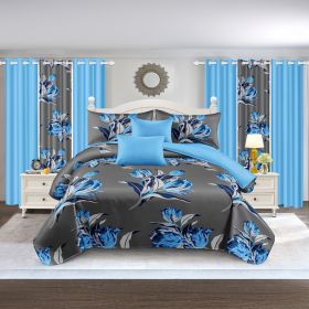 9-Piece Blue Tulip Bedding & Curtain Set (Queen/King/Cal King) - Quilted Microfiber Bedspread + Sheer Curtains (Color: grey/blue jewel flower, size: QUEEN)