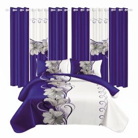 9-Piece Bedding & Curtain Combo Set, Royal Blue Floral Quilted Bedspread with 6 Matching Window Panels & 2 Pillow Shams (Color: Sapphire Blue, size: QUEEN)