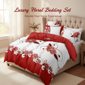 Red White Floral Duvet Cover Set 5-Piece, Queen Size - Includes Duvet Cover with Ties (Color: Red White Floral, size: QUEEN)