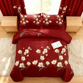 9-Piece Burgundy Red Floral Bedding & Curtain Combo Set, Elegant Wine Red Quilted Bedspread with 6 Light Filtering Window Panels & 2 Shams (Color: Burgundy Red with Elegant White Floral Branches/Sprigs, size: CAL KING)