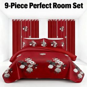 9-Piece Burgundy Red Floral Bedding & Curtain Combo Set, Vibrant Crimson Quilted Bedspread with 6 Light Filtering Window Panels & 2 Shams (Color: Burgundy / Crimson Red Floral, size: KING)