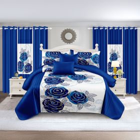 Quilted Bedspread & Curtain Set 9 Piece, Queen Size - Bedding Ensemble with Sheer Filtering Drapes, 1.6" Grommet Top, Machine Washable (Color: white/blue rose, size: KING)