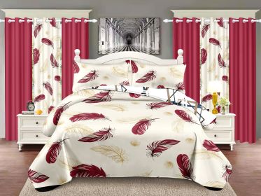Quilted Bedspread & Curtain Set 9 Piece, Queen Size - Bedding Ensemble with Sheer Filtering Drapes, 1.6" Grommet Top, Machine Washable (Color: Red, size: KING)