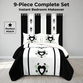 Bedding and Curtain 9-Piece Combo Set, Embroidered Quilted Bedspread with 6 Matching Window Panels & 2 Pillow Shams, Microfiber Lightweight Cover (Color: Black & White Heart, size: QUEEN)