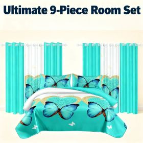 9-Piece Bedding & Curtain Combo Set, Teal Blue Butterfly Quilted Bedspread with 6 Matching Window Panels & 2 Pillow Shams (Color: Turquoise Butterfly, size: CAL KING)