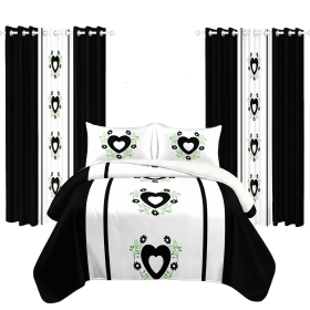Bedding and Curtain 9-Piece Combo Set, Embroidered Quilted Bedspread with 6 Matching Window Panels & 2 Pillow Shams, Microfiber Lightweight Cover (Color: Black & White Heart, size: CAL KING)