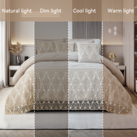 3-Piece Lace Embroidered Bedding Set (Queen/King/Cal King) - Quilted Microfiber Quilt + Pillow Shams (9 Colors) (Color: beige, size: KING)