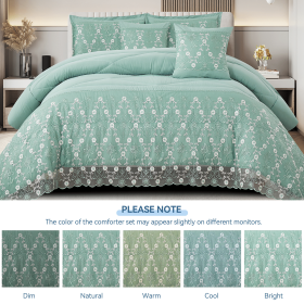 3-Piece Lace Embroidered Bedding Set (Queen/King/Cal King) - Quilted Microfiber Quilt + Pillow Shams (9 Colors) (Color: mint, size: KING)