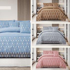 3-Piece Lace Embroidered Bedding Set (Queen/King/Cal King) - Quilted Microfiber Quilt + Pillow Shams (9 Colors) (Color: Pink, size: QUEEN)