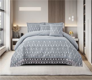 3-Piece Lace Embroidered Bedding Set (Queen/King/Cal King) - Quilted Microfiber Quilt + Pillow Shams (9 Colors) (Color: Blue, size: KING)