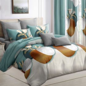 9-Piece Modern Floral Vase Bedding & Curtain Set (Queen/King/Cal King) - Quilted Microfiber Bedspread + Sheer Curtains (Color: Green Dot, size: CAL KING)