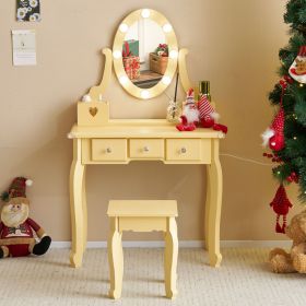 Kids Vanity Set with Mirror and Lights and Stool, 5 Storage Drawers (default: default title)