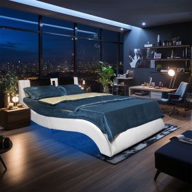 Faux Leather Upholstered Platform Bed Frame with led lighting, Bluetooth connection to play music control, Backrest vibration massage, Curve Desi (Color: White)
