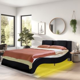 Faux Leather Upholstered Platform Bed Frame with led lighting, Bluetooth connection to play music control, Backrest vibration massage, Curve Desi (Color: Black)