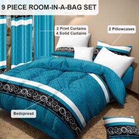 9-Piece Turquoise Swirl Bedding & Curtain Set (Queen/King/Cal King) - Quilted Microfiber Bedspread + Sheer Curtains (Color: blue/black boho, size: KING)