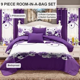 9-Piece Purple Floral Bedding & Curtain Set (Queen/King/Cal King) - Quilted Microfiber Bedspread + Sheer Curtains (Color: Purple Floral, size: KING)