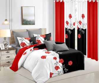 9-Piece Red Rose Bedding & Curtain Set (Queen/King/Cal King) - Quilted Microfiber Bedspread + Sheer Curtains (Color: black/white red flower, size: QUEEN)