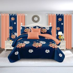 9-Piece Navy & Coral Floral Bedding & Curtain Set (Queen/King/Cal King) - Quilted Microfiber Bedspread + Sheer Curtains (Color: blue/red flower, size: KING)